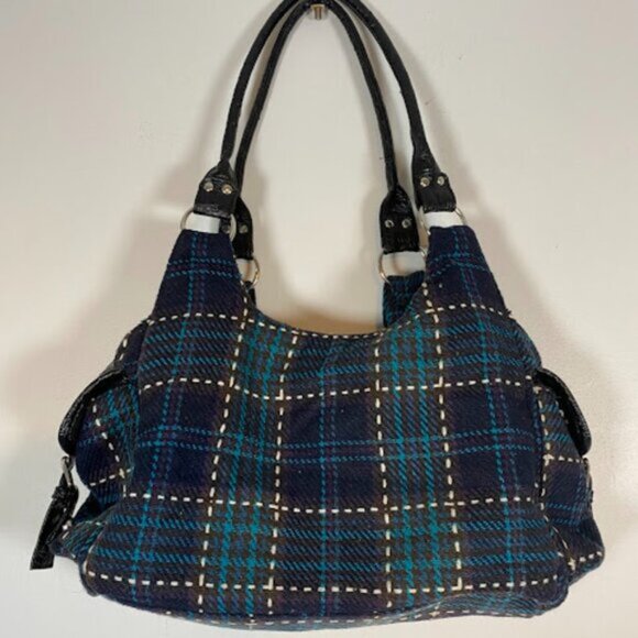 d-Fusion Women's Navy Blue Brown Wool Plaid Shoulder Tote Bag - Picture 2 of 11